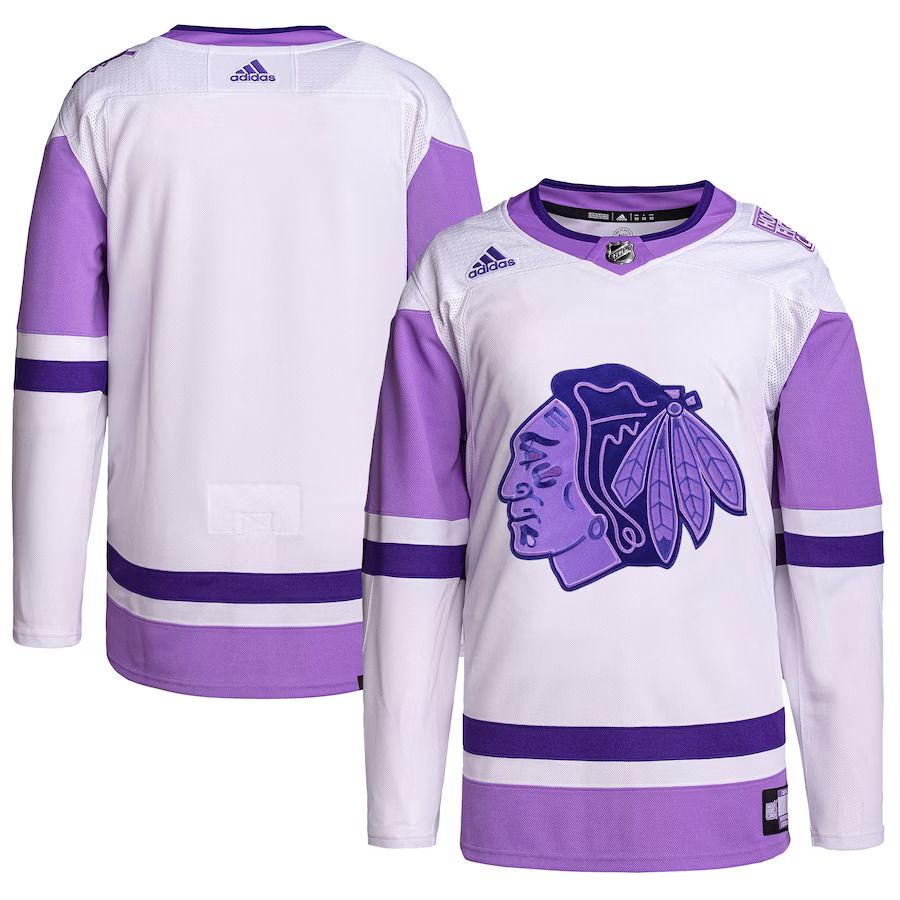 Men Chicago Blackhawks adidas White Purple Hockey Fights Cancer Primegreen Authentic Blank Practice NHL Jersey